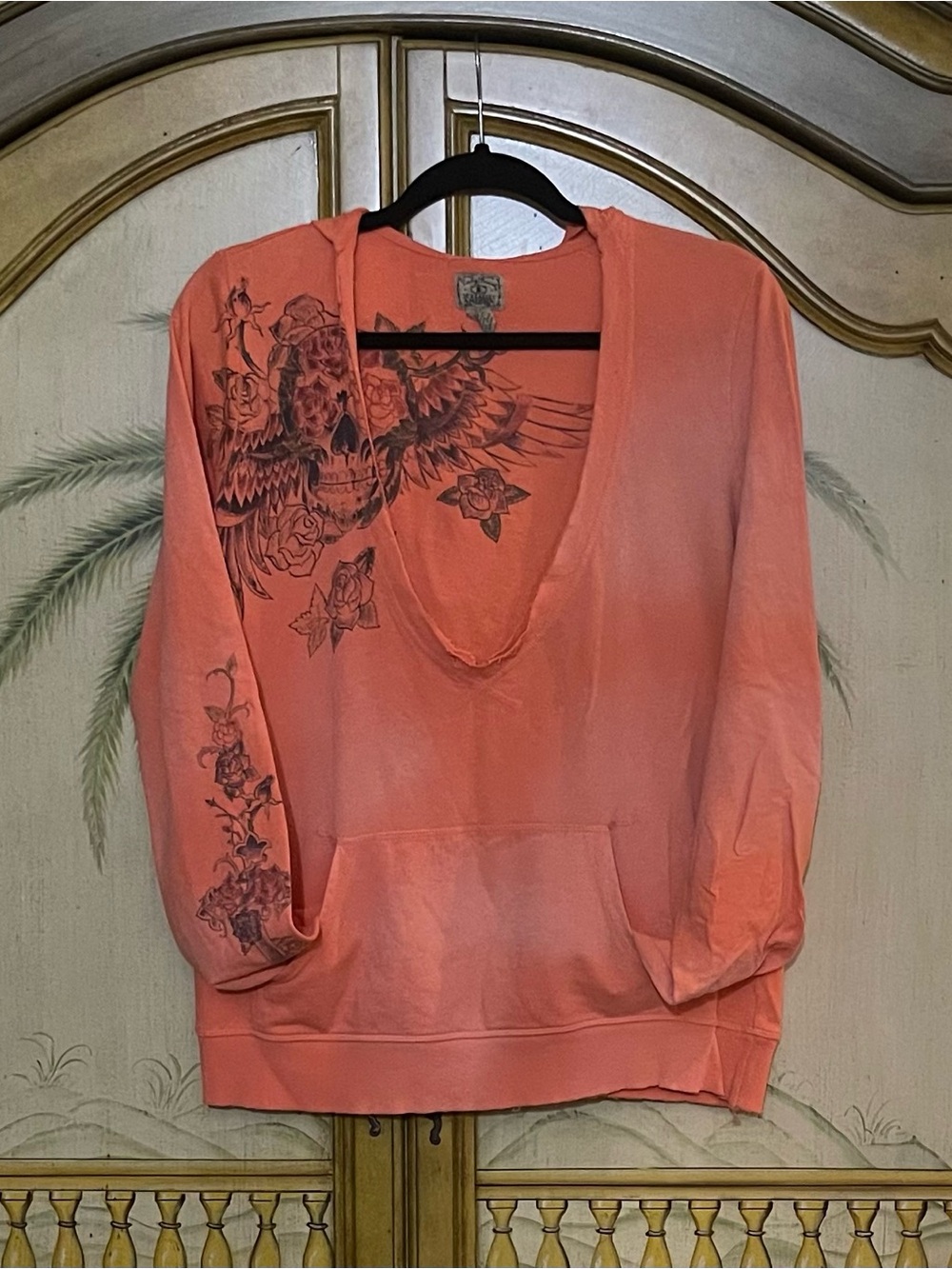 Lucky Brand Orange/Coral Pullover with Winged Sugar Skull Graphic
